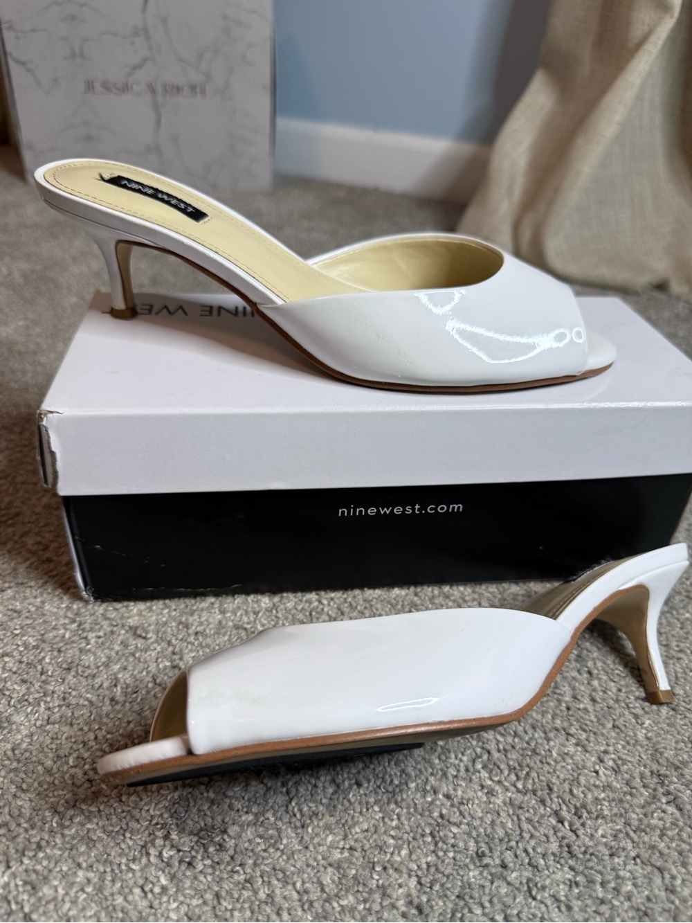 Nine West White Patent Open-Toe Mule Heels